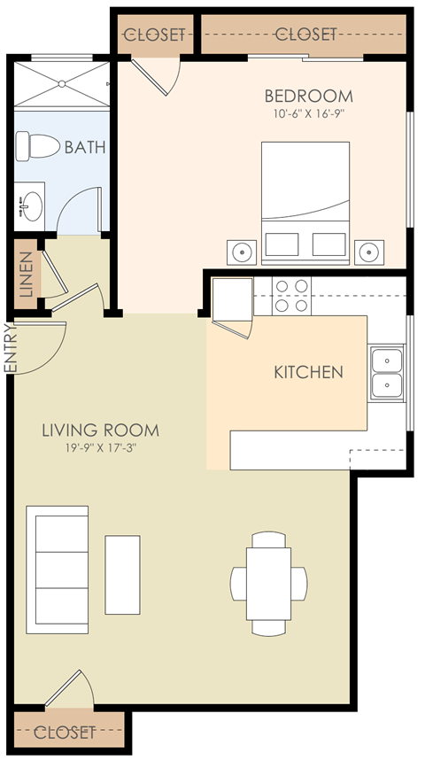 Floor plan for 1 bed, 1 bath, 700 sqft